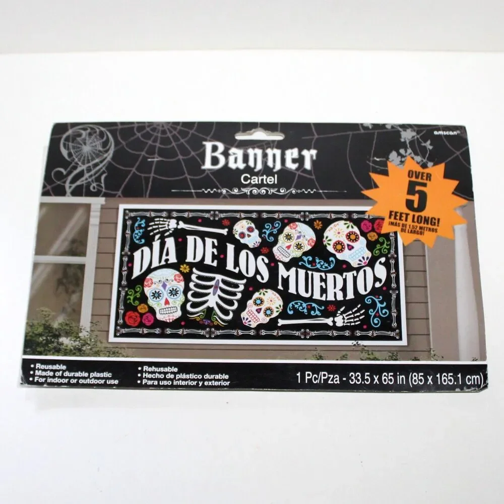 Halloween Banner Dia De Los Muertos 33” x 65” plastic indoor outdoor 5 ft skull